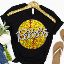 Load image into Gallery viewer, Faux Sequin Sports Ball With Faux Embroidery Hand Lettered Mascot Name Customization