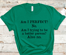 Load image into Gallery viewer, Am I Perfect? NO High Heat BLACK Single Color Soft Screen Print RTS