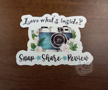 Load image into Gallery viewer, Love What's Inside? Snap* Share*Review 3" Waterproof, UV Proof, Deluxe Vinyl Sticker Ready To Ship