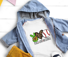 Load image into Gallery viewer, Peace, Love, Baseball High Heat Full Color Soft Screen Print RTS