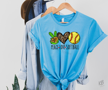 Load image into Gallery viewer, Peace, Love, Softball High Heat Full Color Soft Screen Print RTS