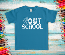 Load image into Gallery viewer, Peace Out School Distressed Single Color WHITE Super Soft High Heat Screen Print RTS