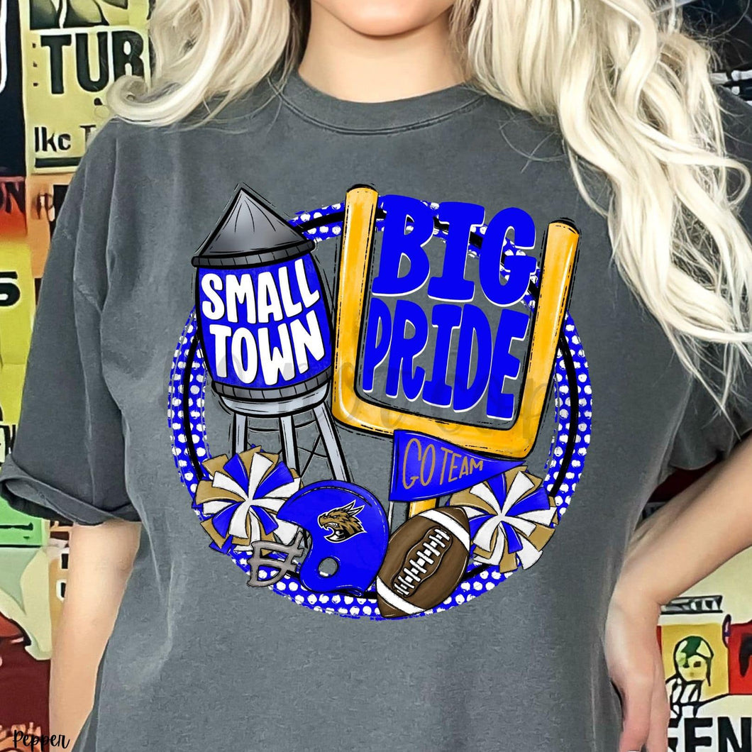 KBD OG Small Town Big Pride Football DRAGONS Royal, White and Vegas Gold