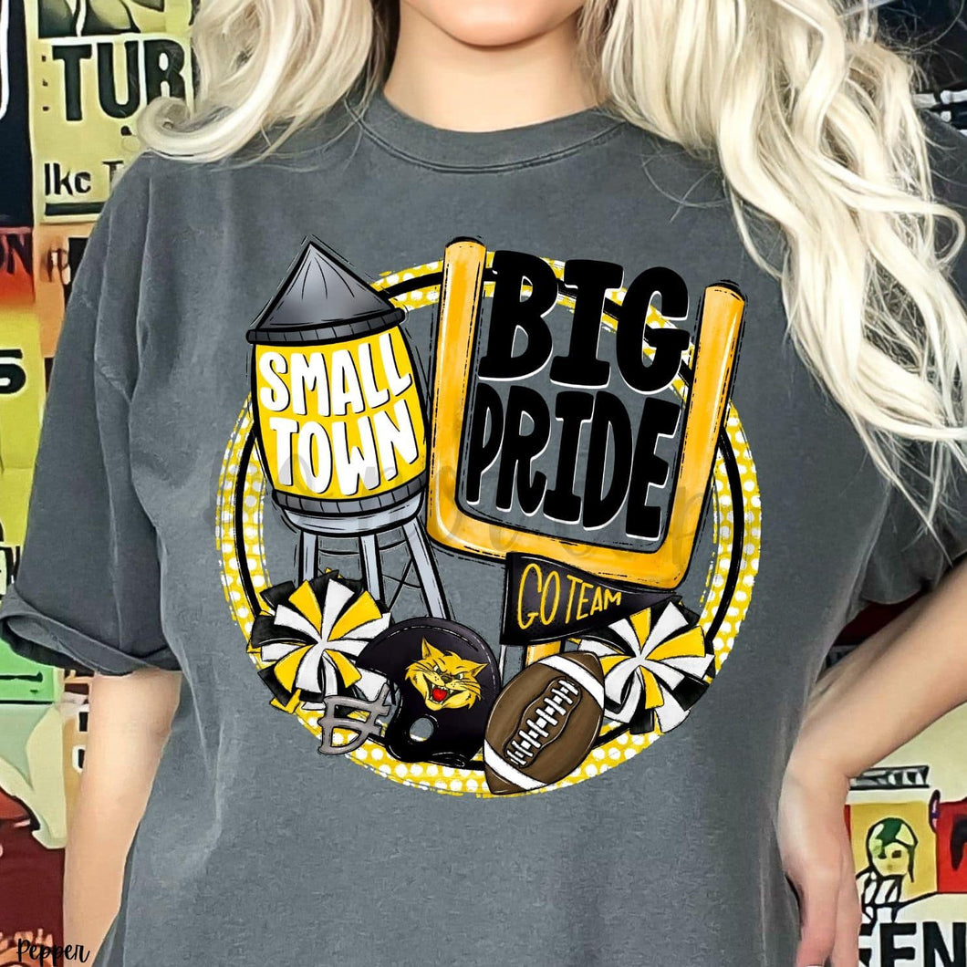 KBD OG Small Town Big Pride Football Wildcats / Bobcats Yellow Gold, Black, and Whote