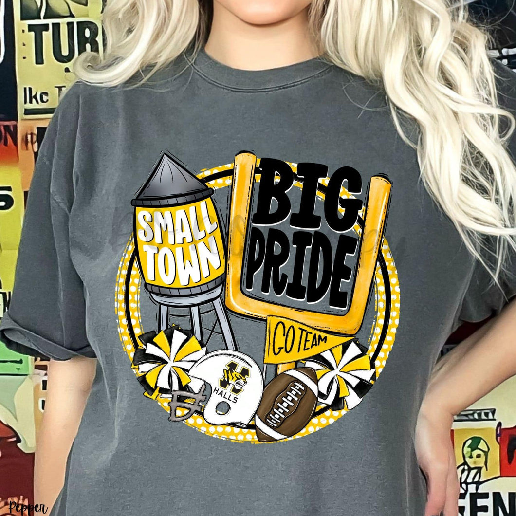 KBD OG Small Town Big Pride Football HALLS TIGERS Yellow Gold , White and Black