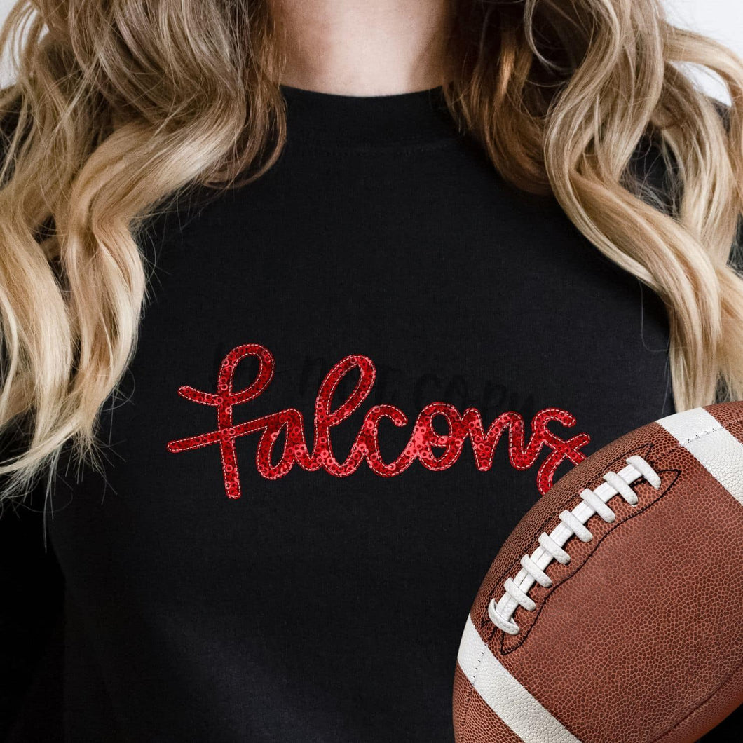 KBD OG SEQUIN AND EMBROIDERY WORDS FALCONS Red Glitter and Black