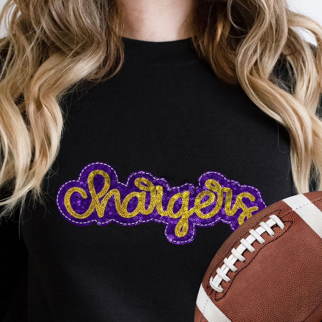 KBD OG SEQUIN AND EMBROIDERY WORDS CHARGERS Yellow Gold and Purple