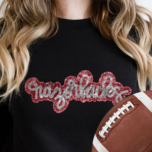 KBD OG SEQUIN AND EMBROIDERY WORDS RAZORBACK Silver and Red