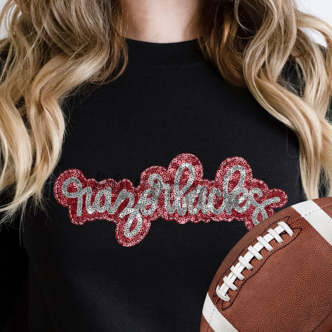 KBD OG SEQUIN AND EMBROIDERY WORDS RAZORBACK Silver and Red