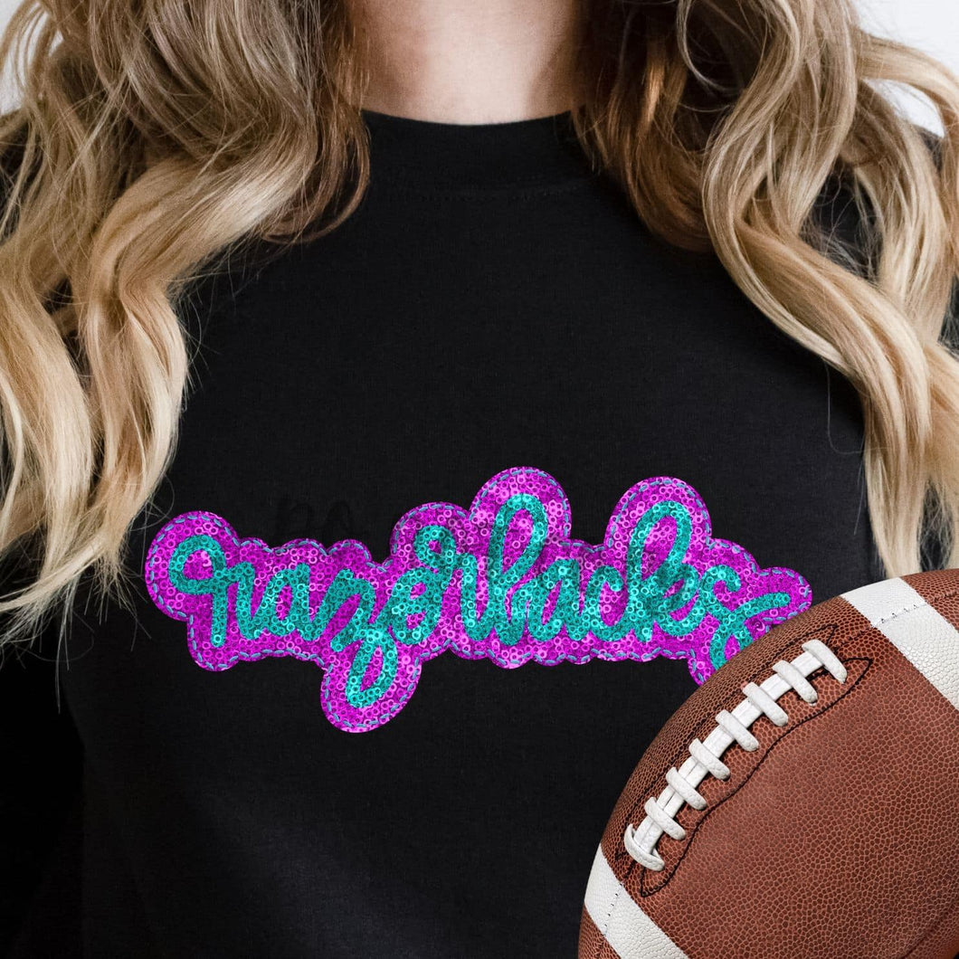KBD OG SEQUIN AND EMBROIDERY WORDS RAZORBACKS Teal and Pink
