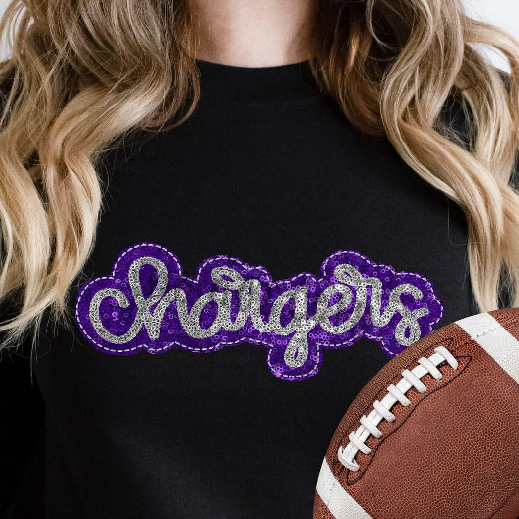 KBD OG SEQUIN AND EMBROIDERY WORDS CHARGERS Silver and Purple