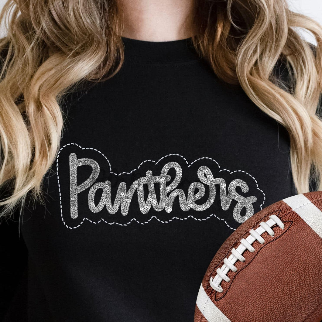 KBD OG SEQUIN AND EMBROIDERY WORDS PANTHERS Silver and White trim