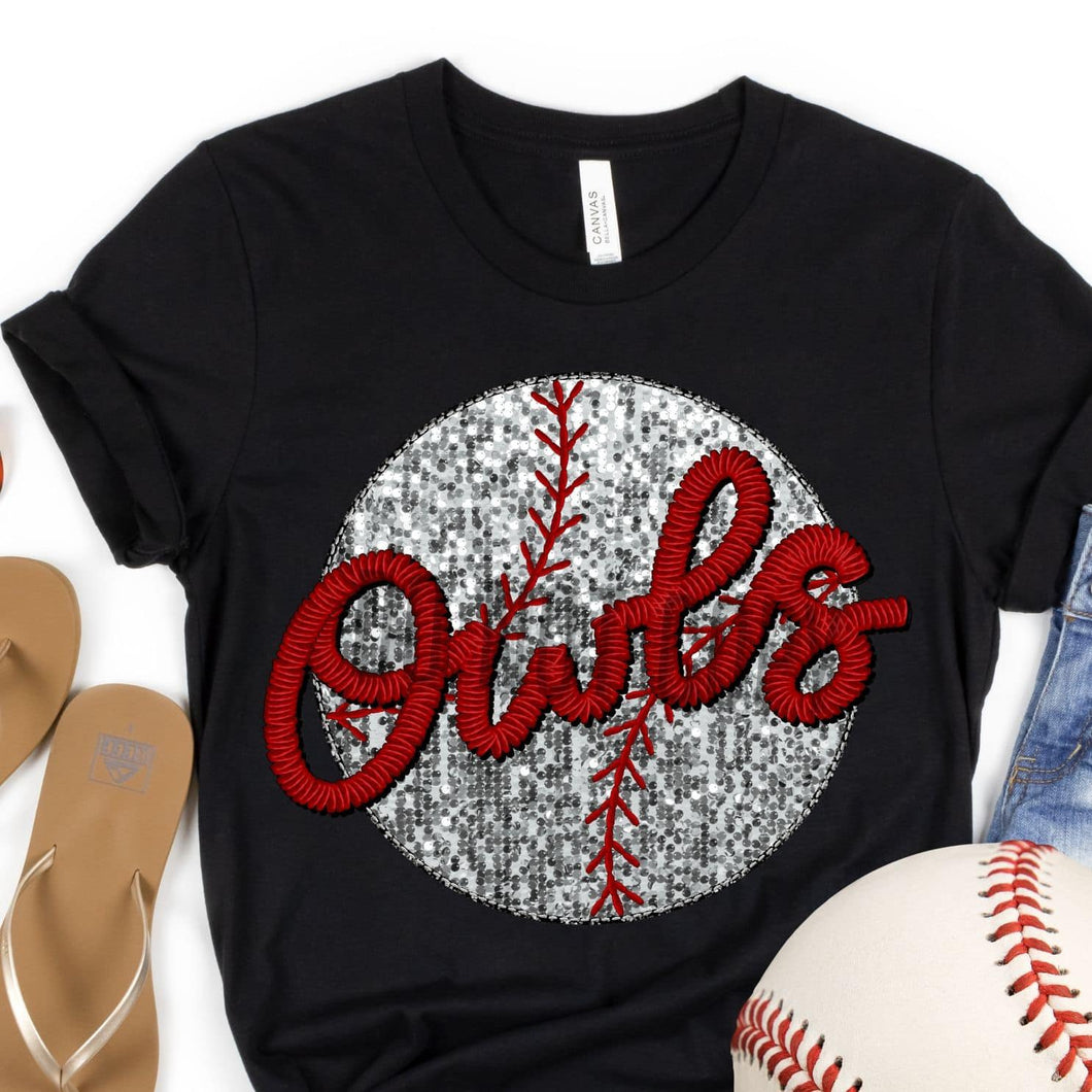 OWLS BASEBALL Embroidery Sports Balls Faux Sequin Red Digital Download