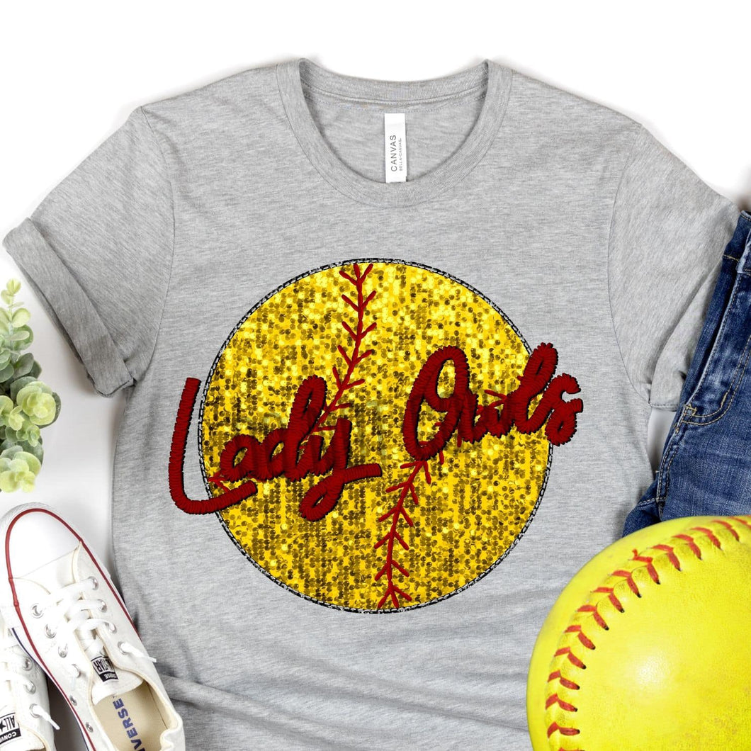 LADY OWLS SOFTBALL Embroidery Sports Balls Faux Sequin Red Digital Download