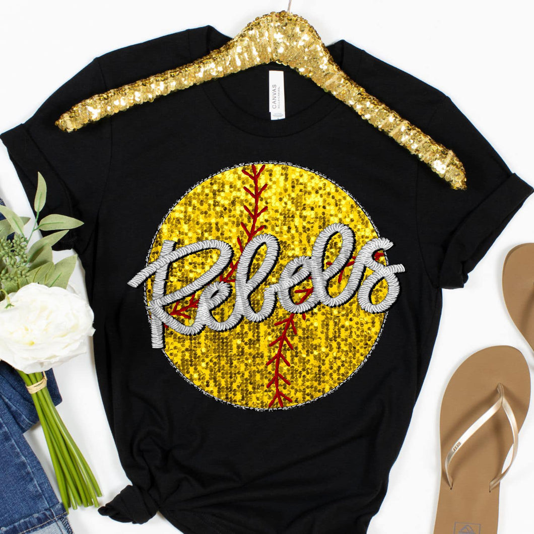 REBELS SOFTBALL Embroidery Sports Balls Faux Sequin Red Digital Download