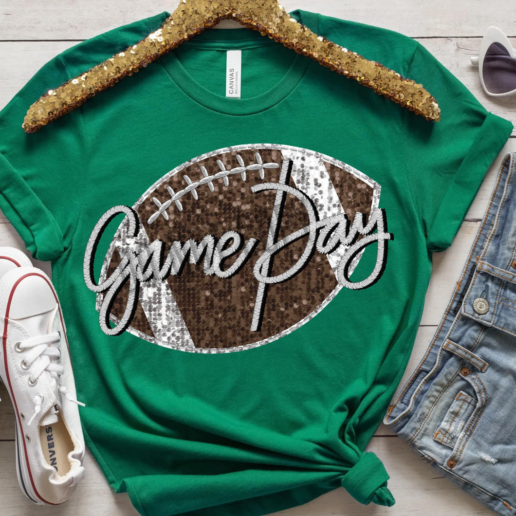 GAME DAY FOOTBALL Embroidery Sports Balls Faux Sequin Silver Digital Download