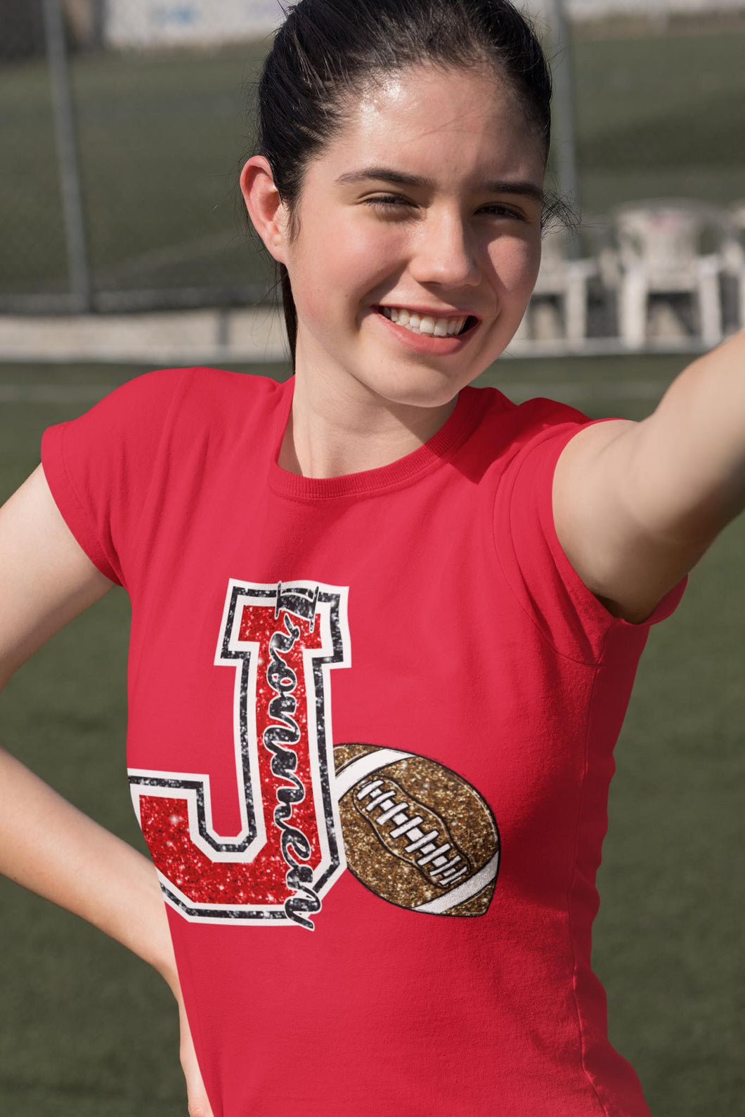 KBD OG Varsity Glitter Football J IRONMEN Red and Black