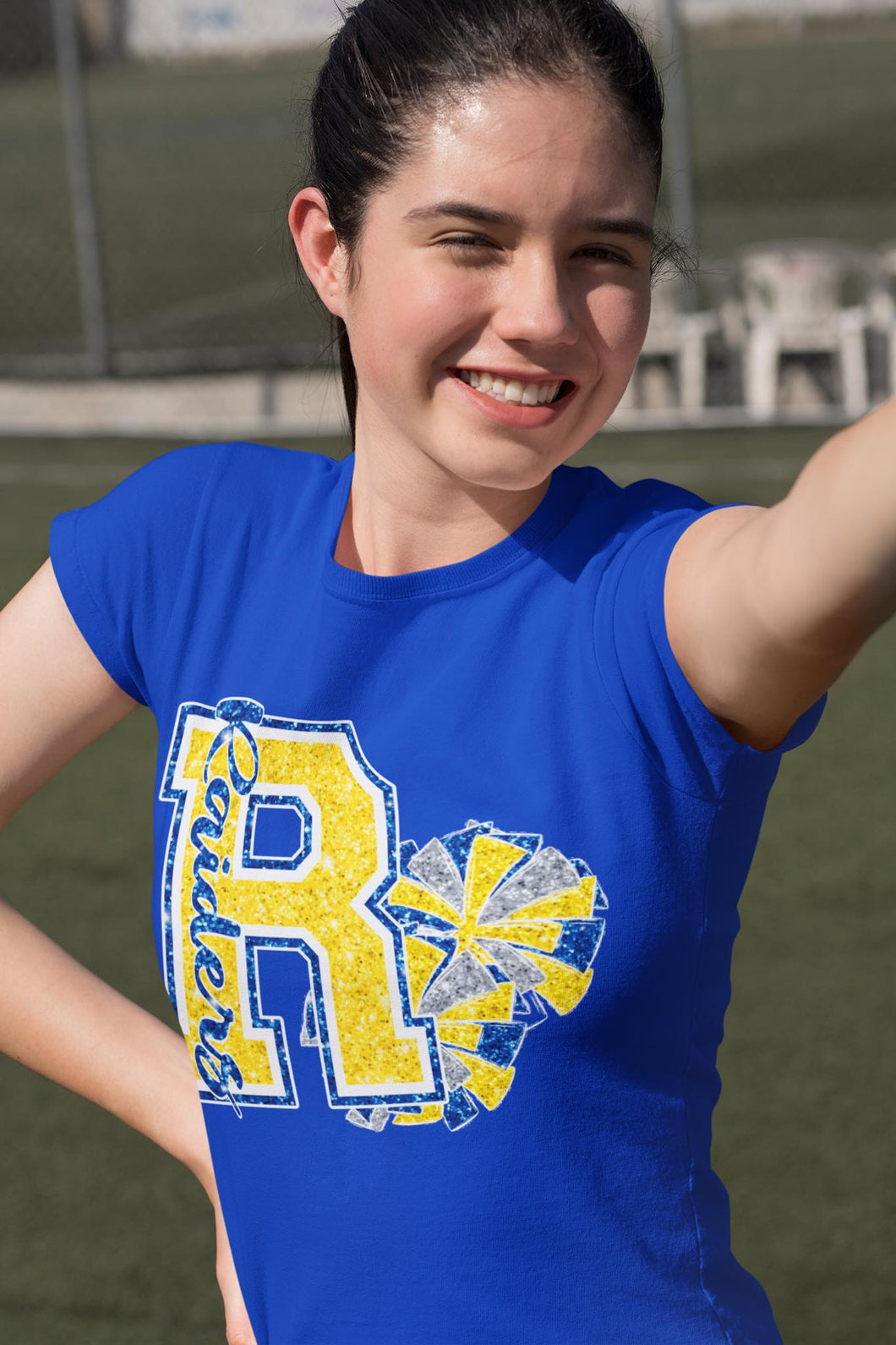 KBD OG Varsity Glitter Cheer R RAIDERS Royal, White and Yellow Gold