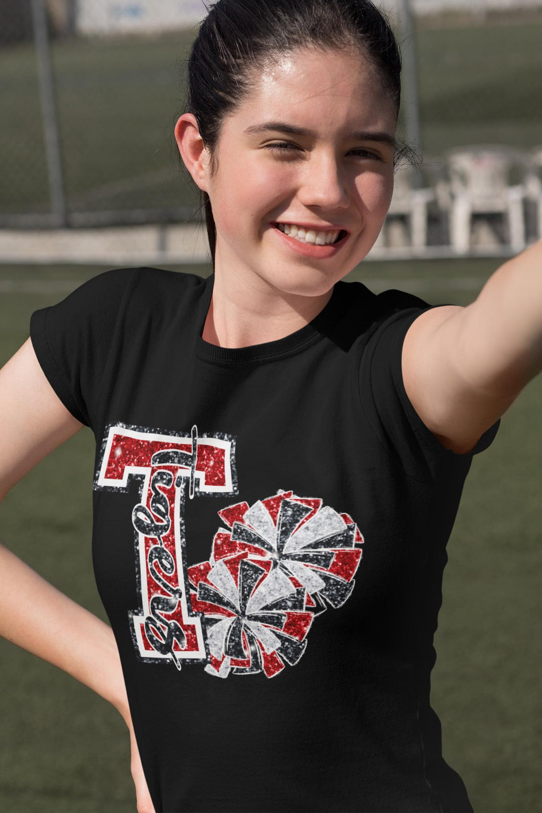 KBD OG Varsity Glitter Cheer T TIGERS Red and Black