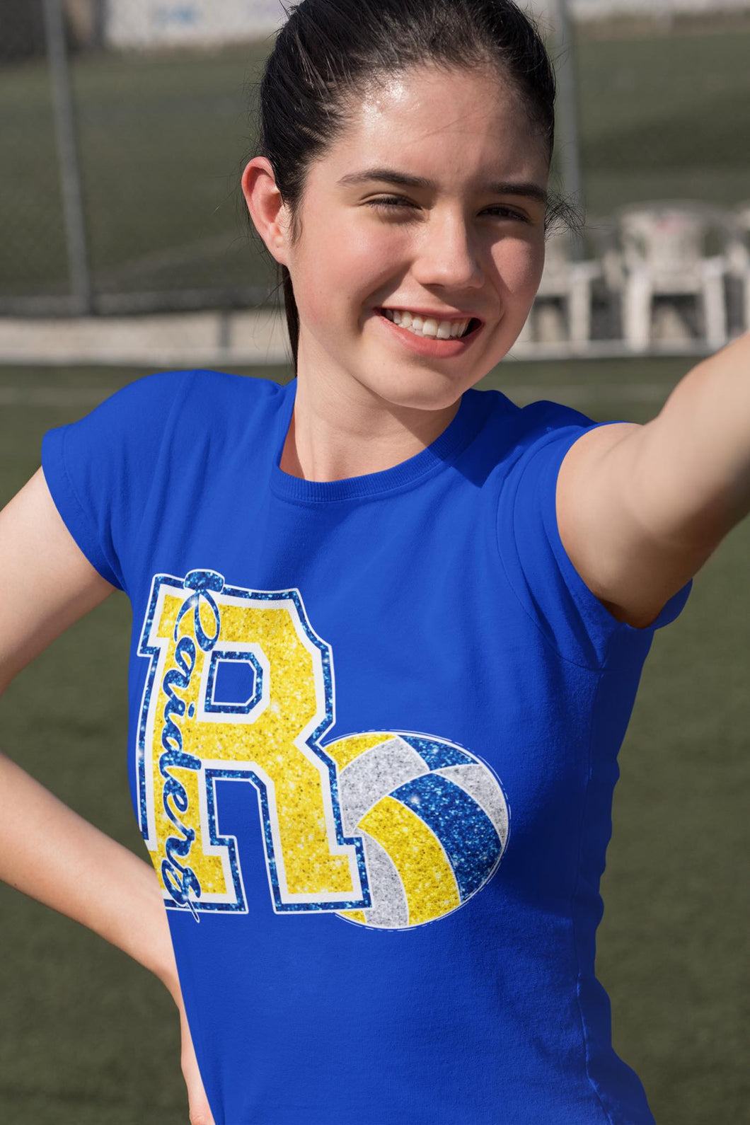 KBD OG Varsity Glitter Volleyball R RAIDERS Royal, White and Yellow Gold