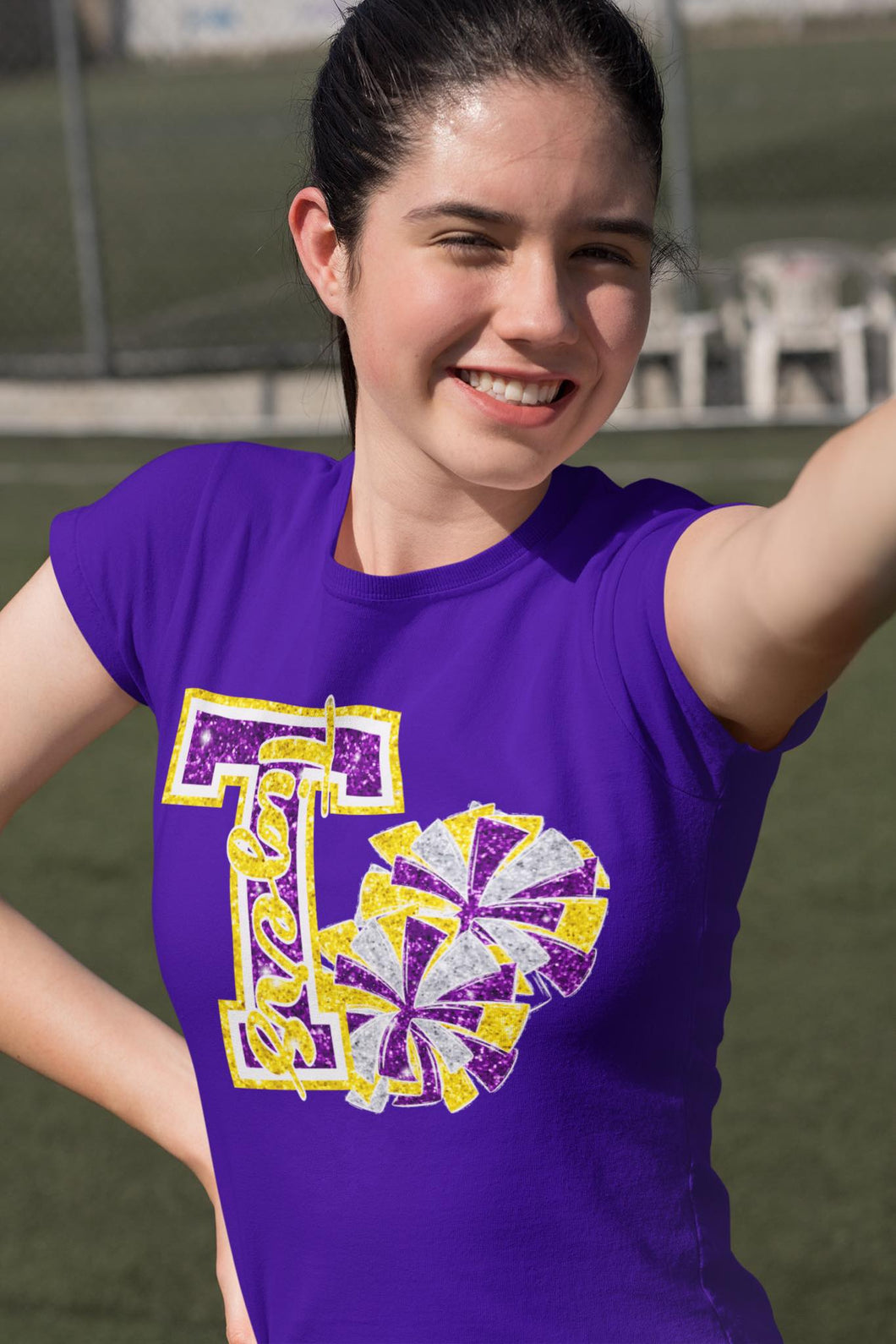 KBD OG Varsity Glitter Cheer T TIGERS Vegas Gold and Purple