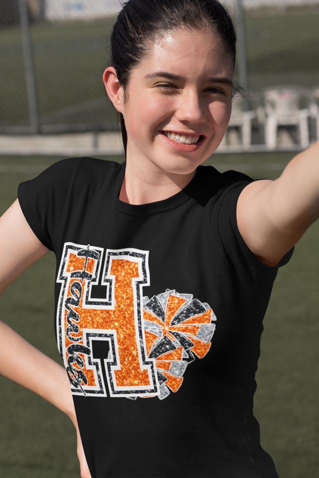 KBD OG Varsity Glitter Cheer H HAWKS Orange, White and Black