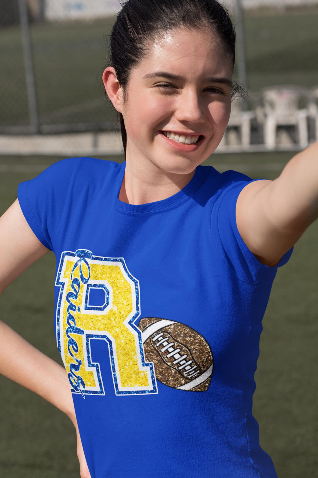 KBD OG Varsity Glitter Football R RAIDERS Royal, White and Yellow Gold