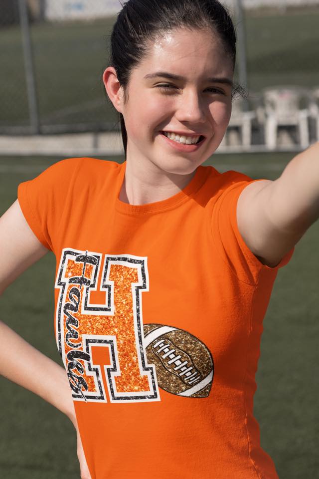 KBD OG Varsity Glitter Football H HAWKS Orange, White and Black