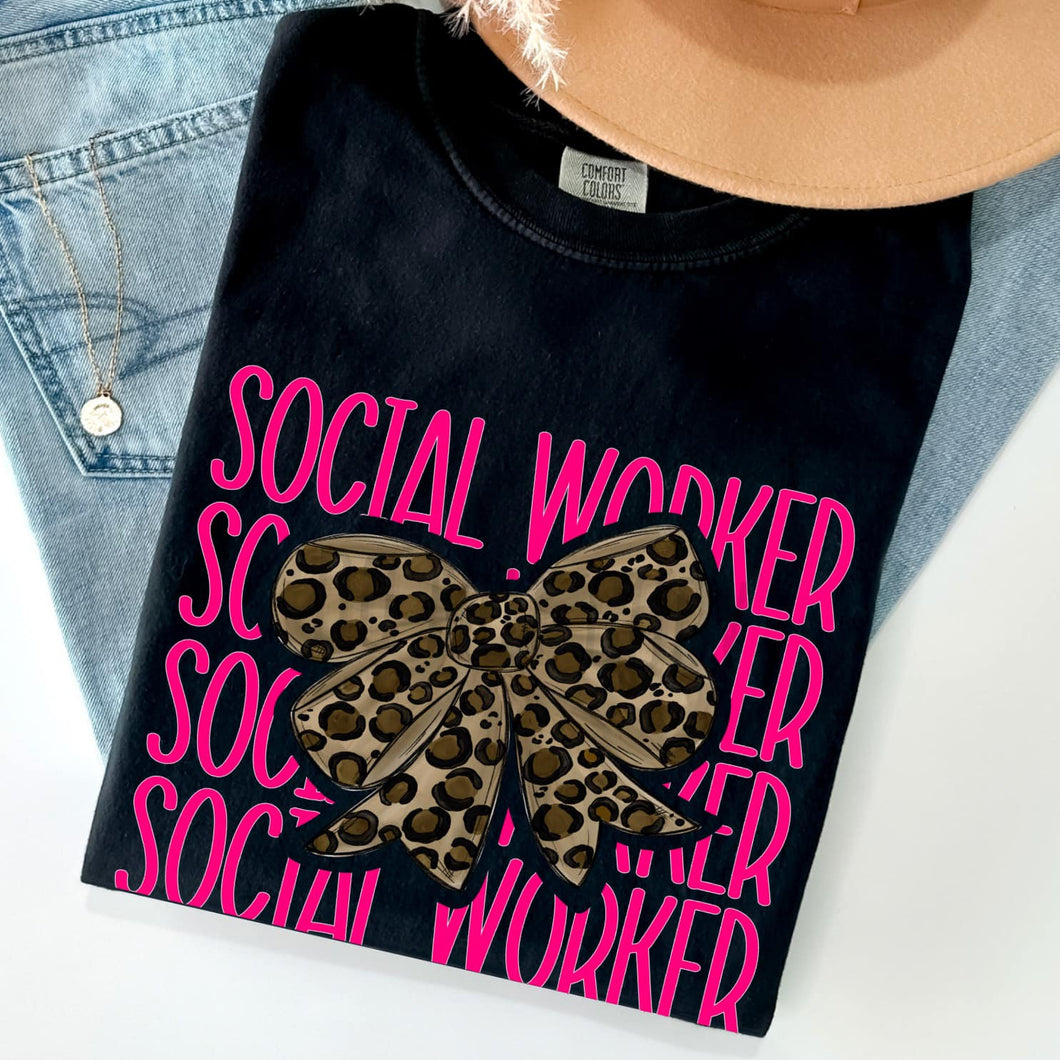 KBD OG Bow Stack SOCIAL WORKER Neon Pink Words and Leopard