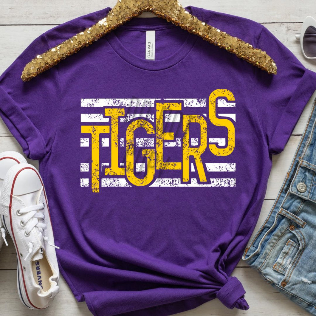 KBD OG Strip Word TIGERS Purple and Yellow Distressed