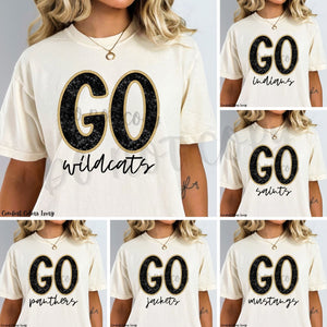 Assorted GO [Team] Black & Vegas Gold Faux Embroidery &  Sequins Direct To Film (DTF) Transfers