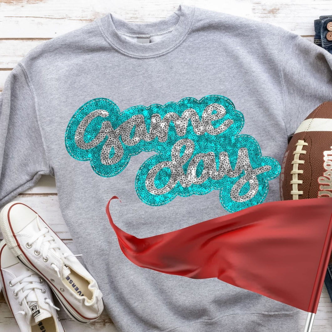 KBD OG Faux Sequin & Embroidery GAMEDAY Silver and Aqua