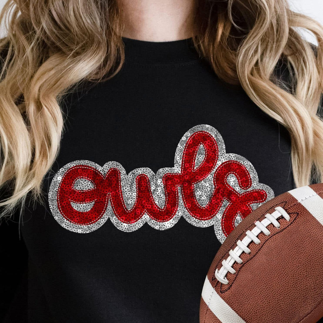 KBD OG SEQUIN AND EMBROIDERY WORDS OWLS Red and Silver