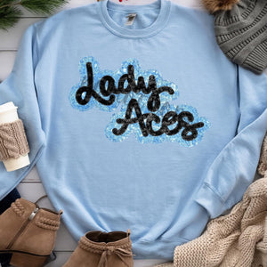 KBD OG SEQUIN AND EMBROIDERY WORDS LADY ACES Black and Carolina Blue