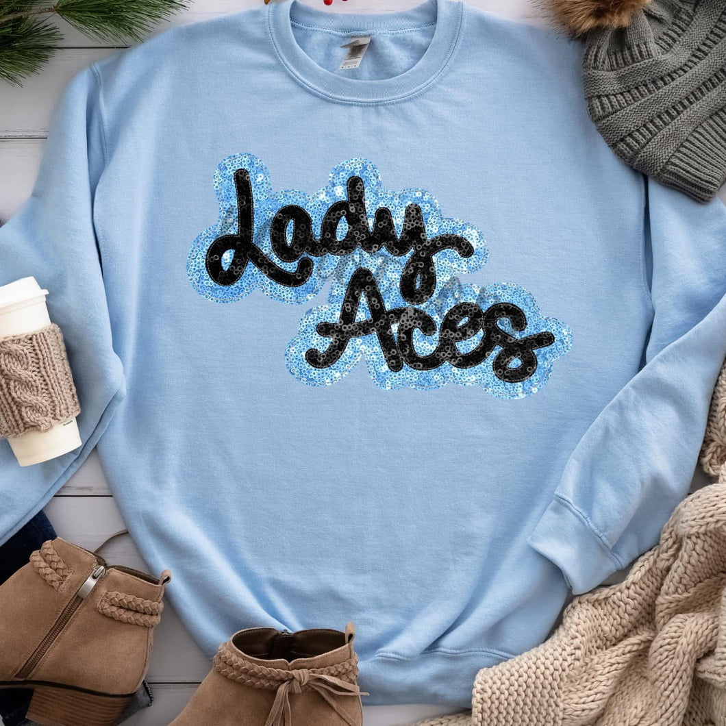 KBD OG SEQUIN AND EMBROIDERY WORDS LADY ACES Black and Carolina Blue