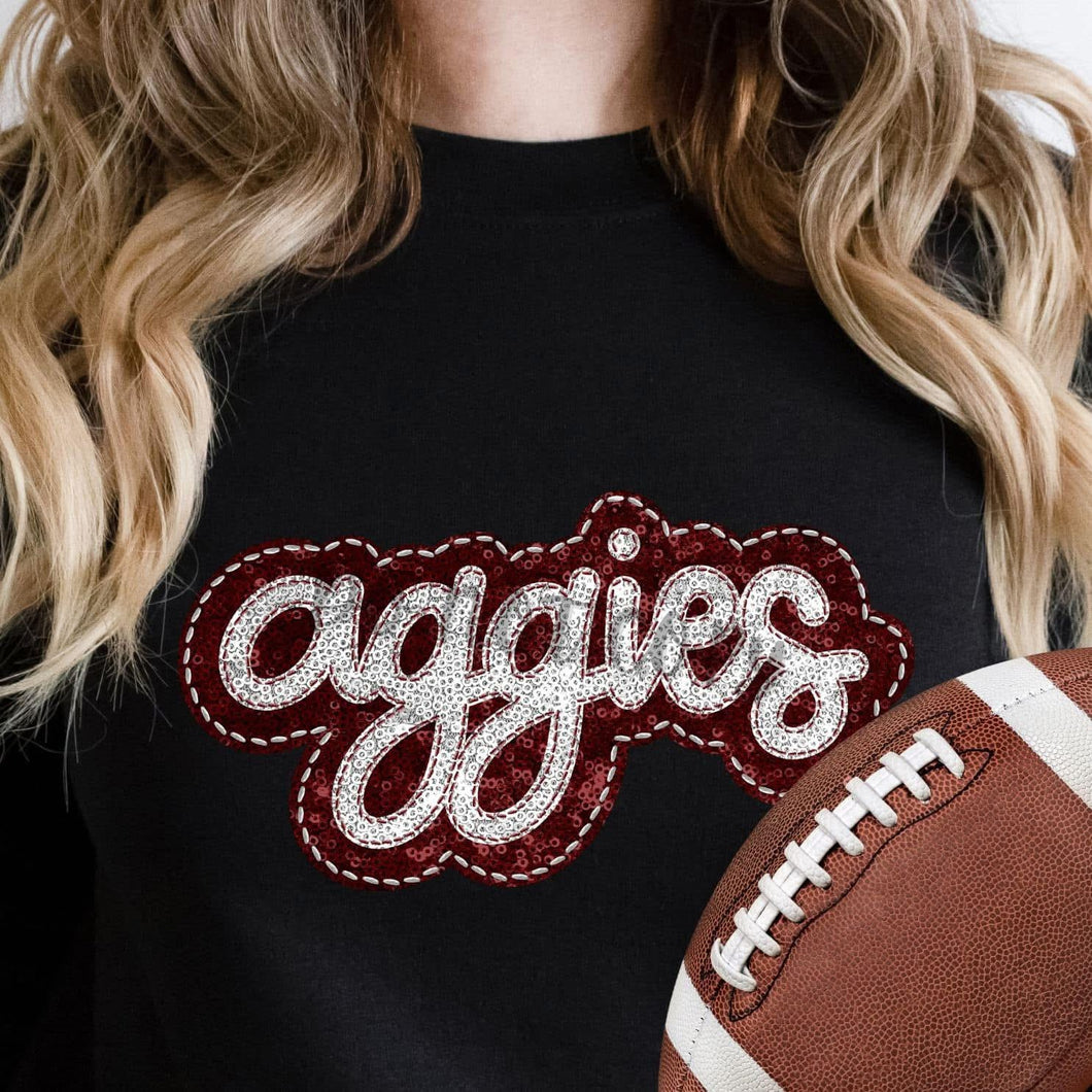 KBD OG SEQUIN AND EMBROIDERY WORDS AGGIES Silver and Red