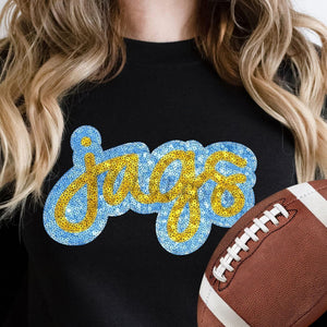 KBD OG SEQUIN AND EMBROIDERY WORDS JAGS Yellow Gold and Carolina Blue