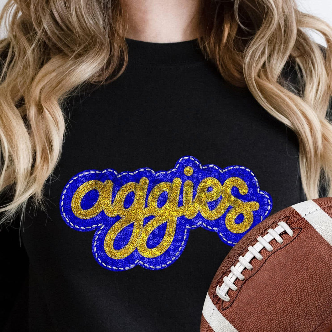 KBD OG SEQUIN AND EMBROIDERY WORDS AGGIES Yellow Gold and Royal Blue