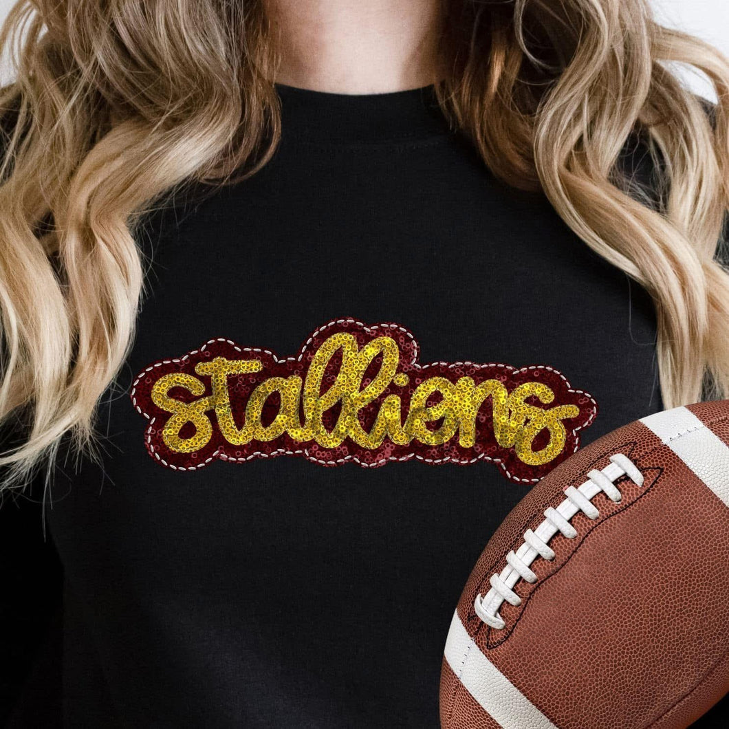 KBD OG SEQUIN AND EMBROIDERY WORDS STALLIONS Yellow Gold and Maroon