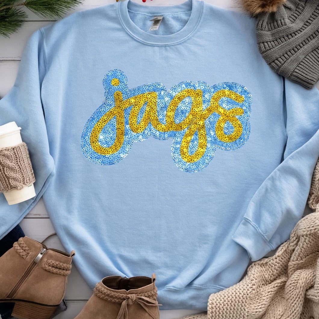 KBD OG SEQUIN AND EMBROIDERY WORDS JAGS Yellow Gold and Carolina Blue