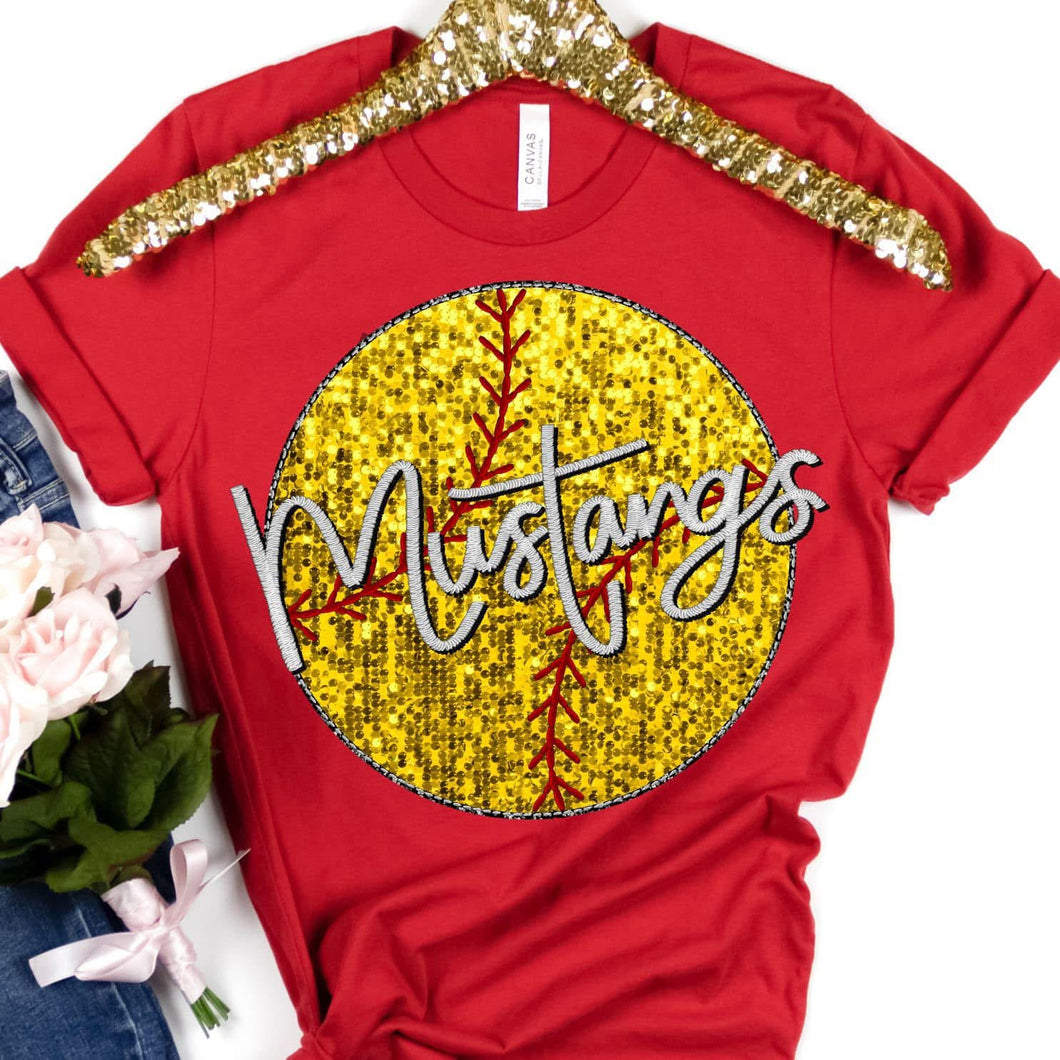 SOFTBALL MUSTANGS Embroidery Sports Balls Faux Sequin Silver Digital Download