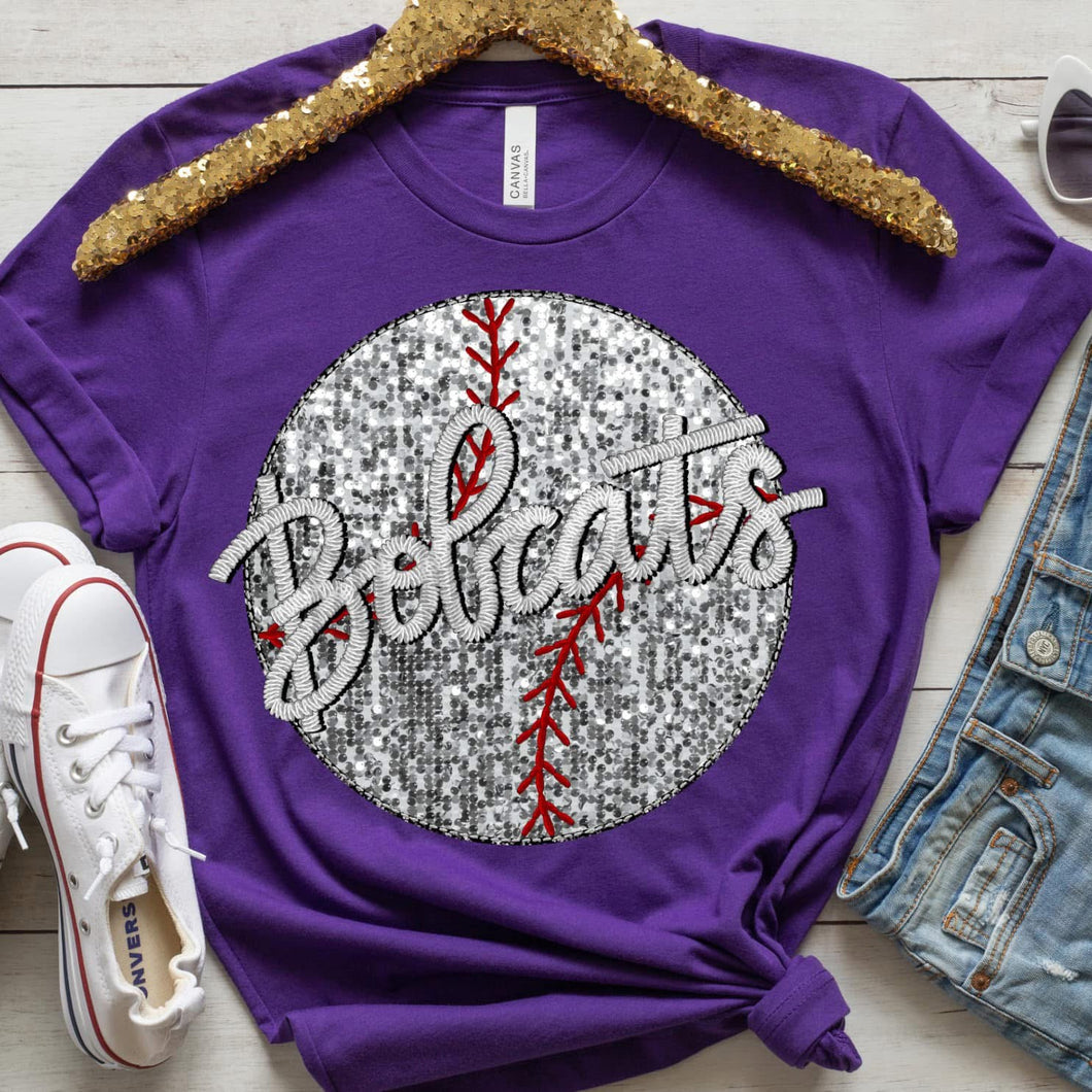 BASEBALL BOBCATS Embroidery Sports Balls Faux Sequin Silver Digital Download