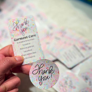 Thank You Stickers and Garment Care Splatter Deluxe Glossy Cards 2x3.5" Sets