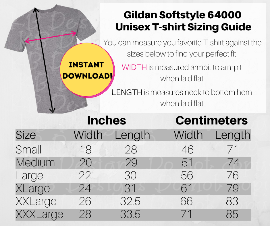 hoppe pære Værdiløs Gildan 64000 Unisex T-Shirt Size Chart for sublimation and bleach list – KB  Designs