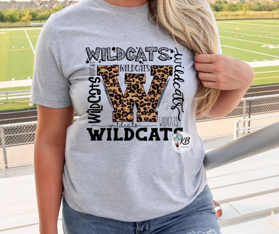 Wildcats Typography Leopard Print High Heat Full Color Soft Screen Print RTS